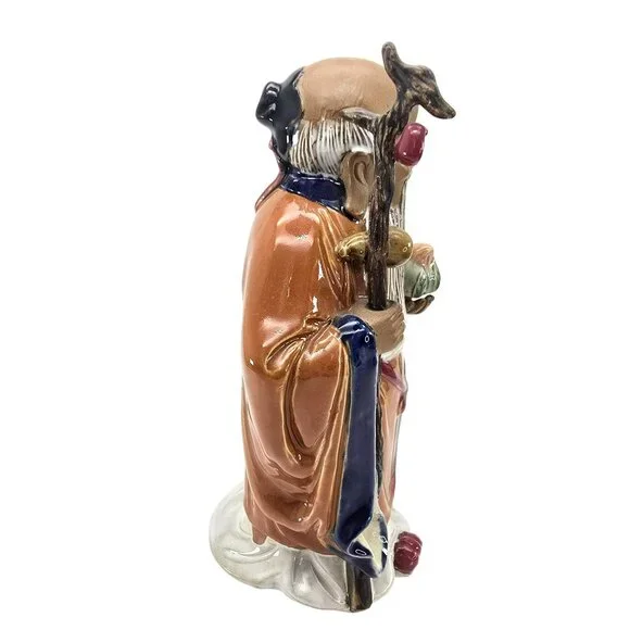 Vintage Chinese Shou Lao Figurine Holding Staff & Peach Long Life JE250